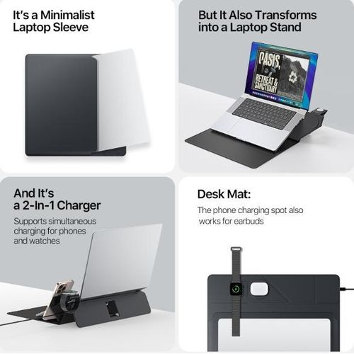 PU Leather Laptop Bag 136 to 14 inch with Wireless Charger Foldable Laptop Stand Magnetic Wireless Charger Pad AirQ - GREY