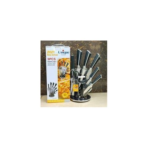 9-Piece Stainless Steel Kitchen Knife Set with Rotating Acrylic Stand & Peeler