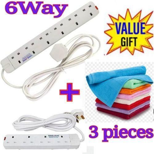 6 Way Power Extension Socket 3m Free Face Towels white