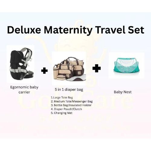 Deluxe 7-Piece Maternity Newborn Travel Bundle Includes Ergonomic Baby Carrier 5-in-1 Multi-Function Diaper Bag Set and Portable Folding Baby Nest