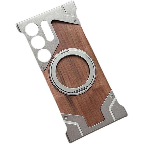 Magnetic Wood-Armor Case (Natural Walnut & Aluminum) with Hidden 360° Ring Stand, Shockproof Protective Wooden Cover for Samsung S23 Ultra – Titanium Finish Edition