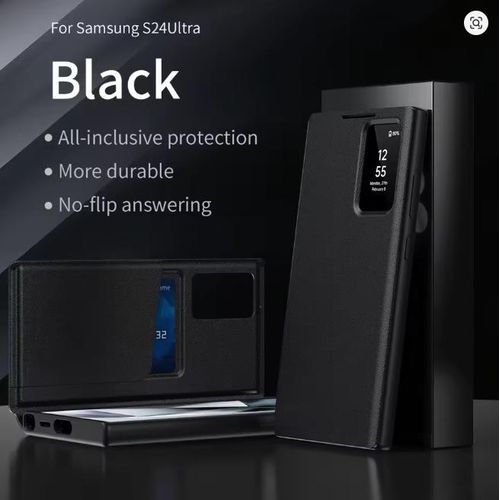 Galaxy S24 Ultra Smart View Flip Leather Wallet Case – Slim Protective Cover with Interactive View Window/ Front Display for Easy and Flexible Use of Device – Black