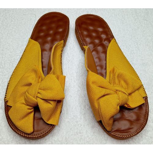 Ladies Mustard Bow Slide Sandals – Fabric Upper – Natural Rubber Sole