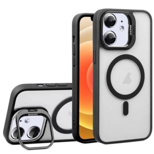 Black Magsafe Compatible Stand Bracket Transparent Case With Camera Metal Ring Lens Protector For IPhone 12