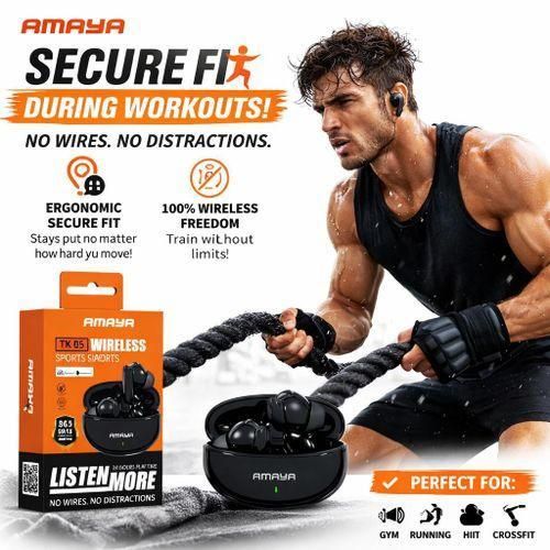 TK05 Wireless Earbuds – Quality Sports Bluetooth Earphones, Secure Fit Gym Headphones, Sweat Resistant, No Wires, Deep Bass Sound,Black ( 1 Year Warranty )