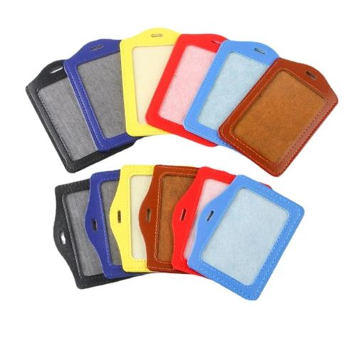 PU Leather ID Card Holder Horizontal/Vertical, Clear Window, Lanyard Slot, Durable Design.