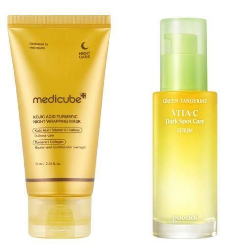 Vita C Dark Spot Care Serum With Niacinamide Medicube Kojic Acid Turmeric Overnight Wrapping Mask Removes Dark Spots Post-Acne Marks Hyperpigmentations Wrinkles Glows Brightens Moisturizes Promote Collagen Production Improve Elasticity Firms