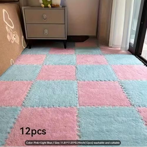 12-Piece Interlocking Carpet Tiles – Non-Slip Modular Floor Mats – Plush Foam Interlocking Mats (Pink + Light Blue)
