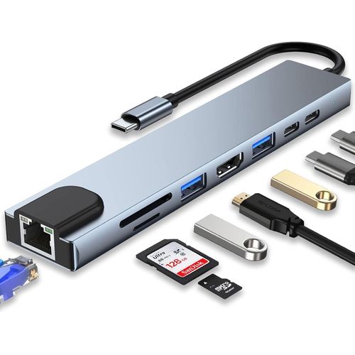 Type C To HDTV 8 In 1 Adapter HDMI PD 2 USB SD TF Rj45 Compatible With Linux, Windows XP, Windows Vista, Chrome OS, Windows 10