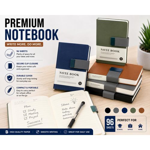 Dunix 96 (192 Pages) Sheets A5 Premium Notebook with Secure Clip Closure - Compact & Durable Writing Journal for Office, School & Home