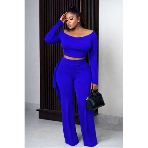 Elegant Two-Piece Women’s Lounge Set – Crop Top & Wide-Leg Pants- Blue