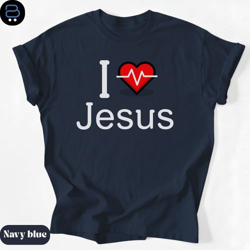 Christian Faith Heartbeat Design Shirt I Love Jesus Music Heart Faith Tee NAVY BLUE