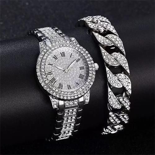2PS Silver Roman Round Quartz Watch Womens Luxury Silver Stainless Steel Gift WatchJewelry Set