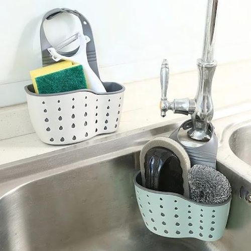 Silicone Kitchen Sink Hanging Caddy, Double-Pocket Sponge Holder & Soap Organizer with Adjustable Strap