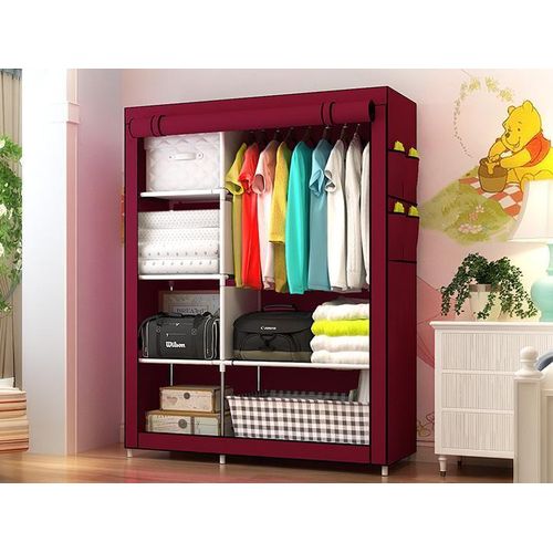 YG-105 2 Column Portable Fabric Cloth Wardrobe 5 Shelves Hanging Section- Wine Red