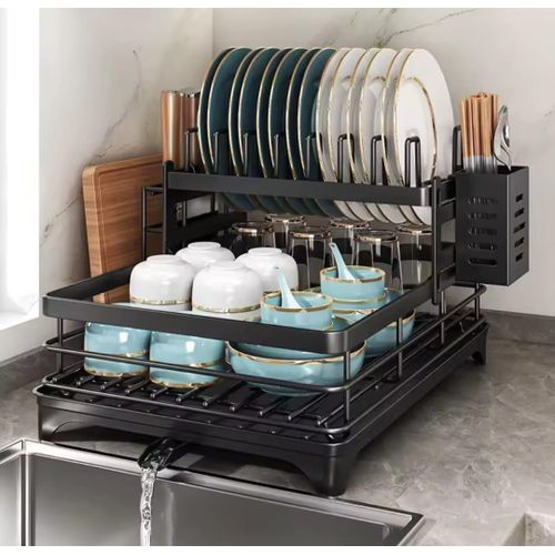 Carbon Metal 2-Layer Dish Rack with Chopping Board & Cutlery Holder (Black)