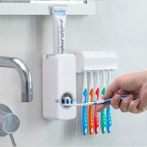 Toothpaste Dispenser and Toothbrush Holder Set, Wall Mounted Automatic Toothpaste Squeezer and Toothbrush Organizer Holder,Restroom Bathroom Accessories ,5 Brushes Slots