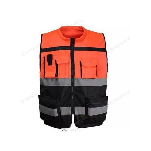 High Visibility Reflective Safety Vest – Multi-Pocket Construction Work Vest Orange & Black