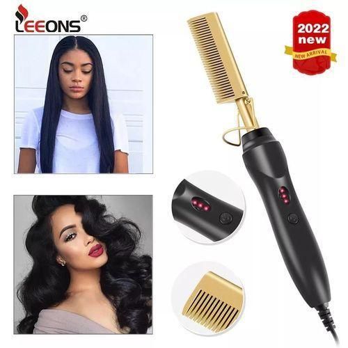 LEEONS Electric Hot Comb - Black, 600g - Adjustable Temp, Gold-Plated, Multi-Function Styling Tool