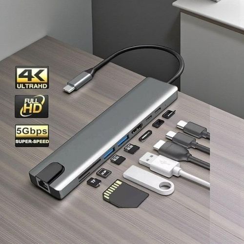 Heavy Duty High Quality Material Reliable Quality adapter 8 In 1 USB Type-C Hub Port Adapter Converter Docking Station With RJ45 & Ethernet, HDMI, USB 3.0,SD/TFT & PD Ports