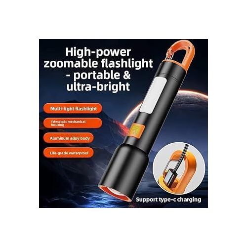 GlowBase Aluminum Alloy Rechargeable Torch Light, 1000 Lumens Torch Light with 6 Light Modes with White & Warm Light Mode, Telescoping Zoom, Waterproof Type-C,for Camping, Hiking & Farming 2KM Range