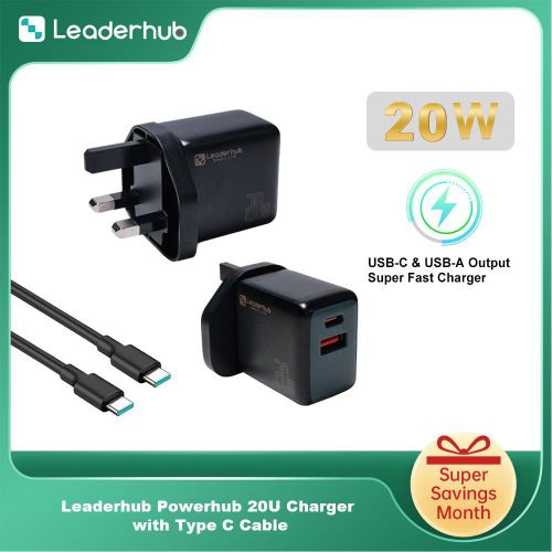 Powerhub 20U 20W Watts Fast Charger Adapter with Type C To C Output for Galaxy iPhone Smart Phones-Black