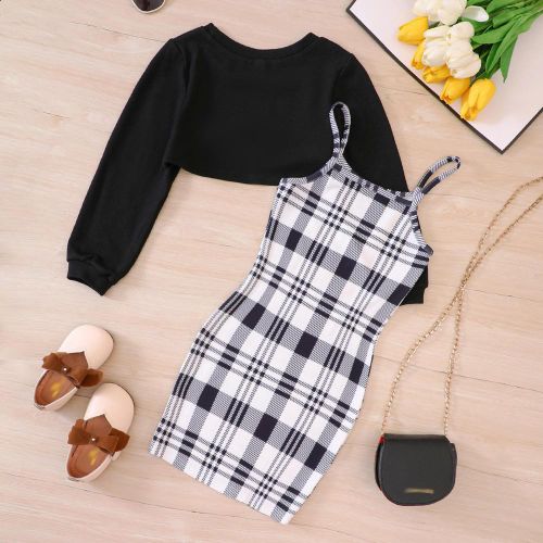 Kids Girls Two Piece Clothes Set Plaid Bodycon Cami Dress with Long Sleeve Crew Neck Crop Sweatshirt