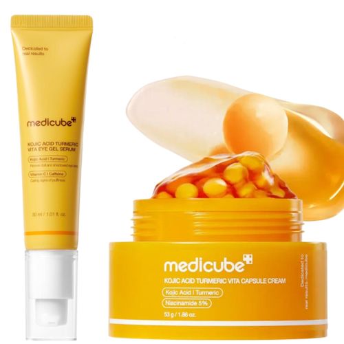 Kojic Acid Turmeric Vita Eye Gel Serum Kojic Acid Turmeric Vita Capsule Cream Moisturizes Give a glass glow skin Removes dark spots Hyperpigmentation Acne mark Discoloration eye bags dark circles puffiness Softens Brightens Soothes redness