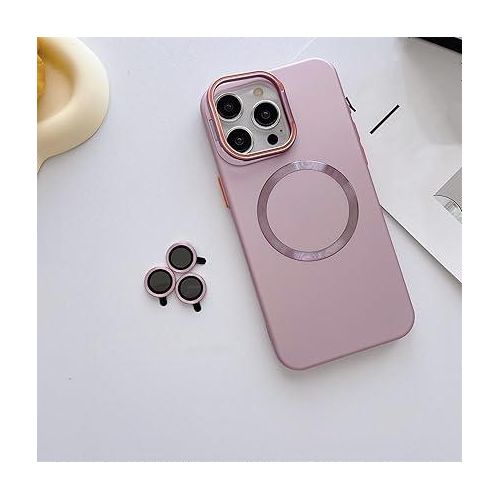 Magnetic Stand Luxury Phone Case with Free Camera Lens Protector, MagSafe Magnetic Ring, Hybrid Protection, and Slim Transparent Design for iPhone 14 Plus - Light pink