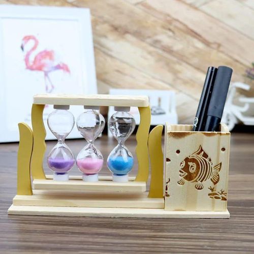 Handicraft Wooden Pen Stand With 3 Hour Glass Timer
