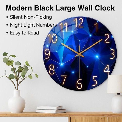 nch Blue Wall Clock - Battery Operated, Silent Non-Ticking, Round Glass Decorative Clock for Living Room, Kitchen & Bedroom