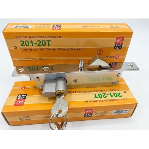 KAC 201-20T Mortise Hook Deadbolt Lock for Sliding Aluminum & Wooden Doors – High Security Cylinder Lock with Keys – Silver Finish