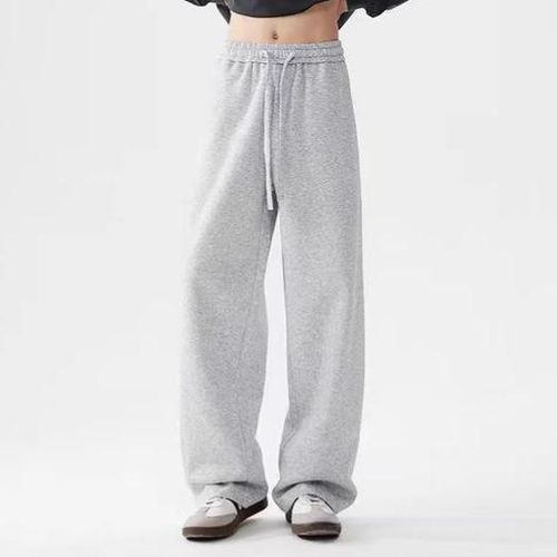 Casual Gray Drawstring Wide Leg Sweatpants, High Waist Drape Straight Leg Pants, Loose Fit Sports Trousers