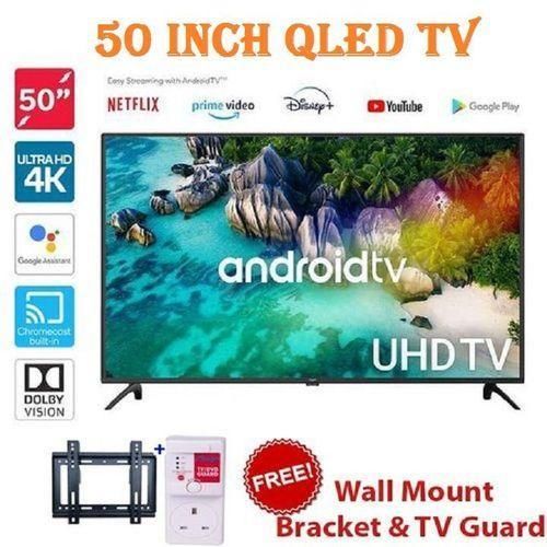 HTC5088QFS 50INCH QLED TV BLUETOOTH FRAMELESS 4K UHD SMART ANDROID TV DIGITAL TV ICAST SCREEN MIRRORING BLUETOOTH CONNECTIVITY Wi-Fi CONNECTIVITY INBUILT DECODER15GBRAM8GB ROMMODEL 2025-14 MONHTS WARRANTYFREE WALL BRACKETTV GUARD