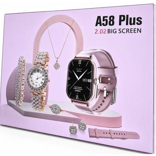 A58 Plus Smartwatch Luxury 6-in-1 Gift Set for Women Bluetooth Calling 2.01 Inch HD Touch Screen Fitness Tracker with Necklace Earrings Bracelet Ring Quartz Watch