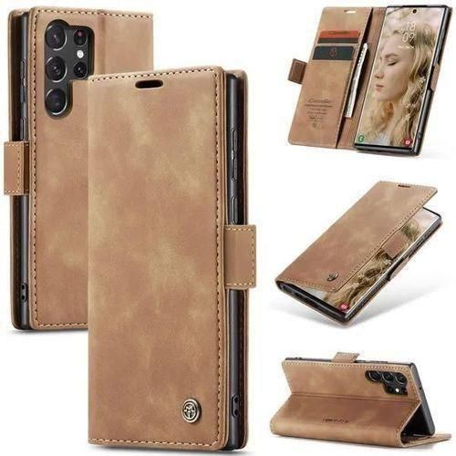 Caseme Brown Soft Leather Wallet Flip Cover Case For Samsung Galaxy S22 Ultra