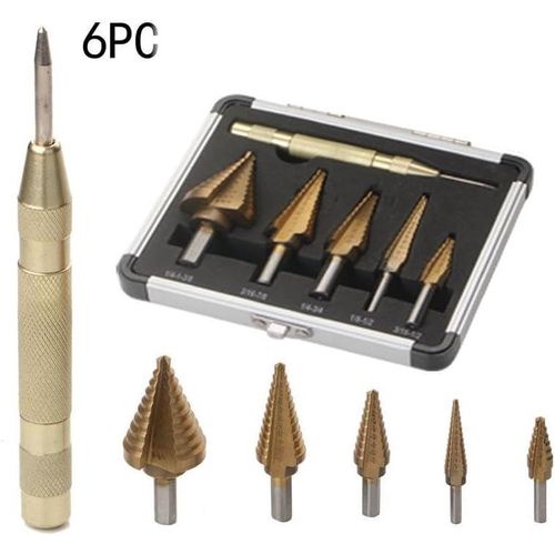Industrial Step Drill Bit Set 6-Piece Titanium-Coated with Automatic Center Punch - Short Length Double Cutting Blades High-Speed Steel - Covering 50 Sizes Complete with Aluminum Case