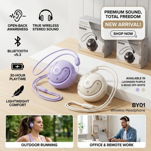 Wireless Bluetooth Open Ear Headphones BY01 HiFi Stereo Sound Hanging Earphones Wireless IPX5 Waterproof, 48H Range For Sports Running & Commuting Workout Driving