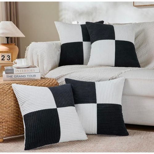 Set of 4 Black and White Samll Decorative Throw Pillow Covers 18x18 Inch with for Couch Bed Sofa Living Room, Soft Cross Patchwork Striped Corduroy Modern Square Cushion Case 45x45 cm
