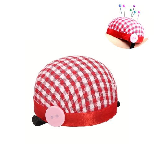 1PC Checkered Fabric Wrist Pin Cushion with Decorative Button, Portable Elastic Band Needle Holder for Sewing, Quilting & DIY Crafts, Red Gingham
