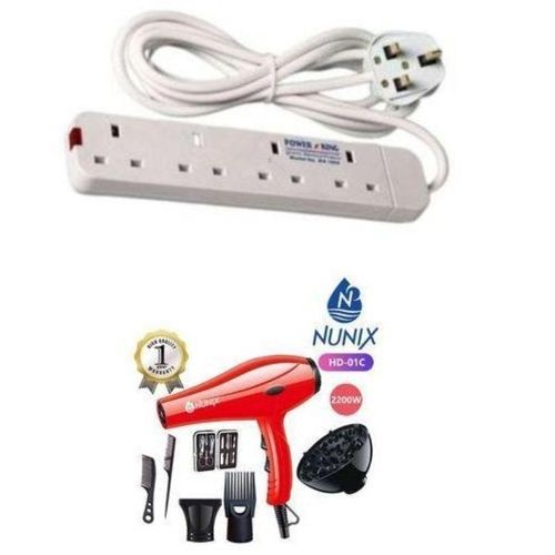 Hair Dryer Professional Blowdryer Machine With 2 Speeds And 4 Heat Settings. 2200W Power. Diffuser + Two Combs + Two Nozzles +Nail Set + FREE GIFT 4 Way Power Extension Cable Socket With Safety Switches