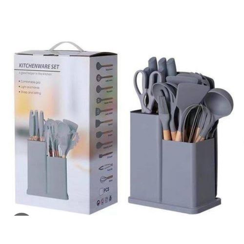 Premium 19-Piece Silicone Kitchen Utensils and Knife Set – Heat-Resistant Non-Stick Cooking Tools with Natural Wood Handles, Professional Chef Knives, and Organized Storage Bucket