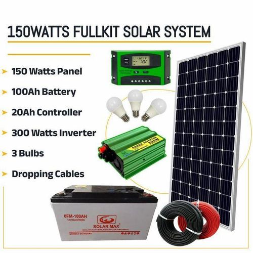 150 Watts Solar Panel Special All Weather Fullkit 100AH Battery 300Watts Solar Inverter 20 Ah Charge Controller3 bulbs dropping cables