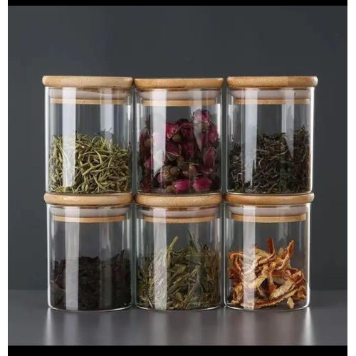 6 Pcs Cylindrical 200 ml Borosilicate Glass Airtight Storage Containers with Natural Bamboo Lids for Spice, Herb, and Tea Organization