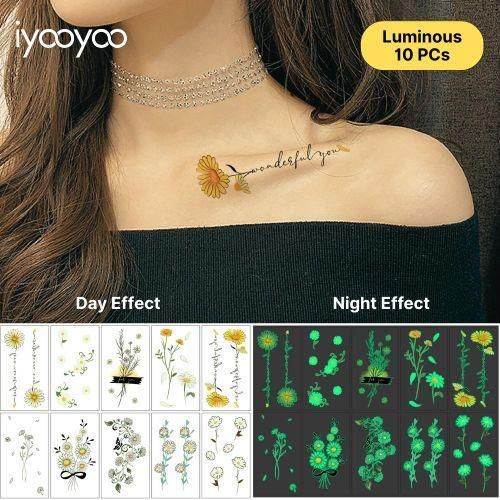 iyooyoo 10 PCS Pack Glow-in-the-Dark Daisy Stickers 120x68mm Body Safe Temporary Tattoos, UV & Sun Charged, Non-Allergenic, Boho Flower Skin Art