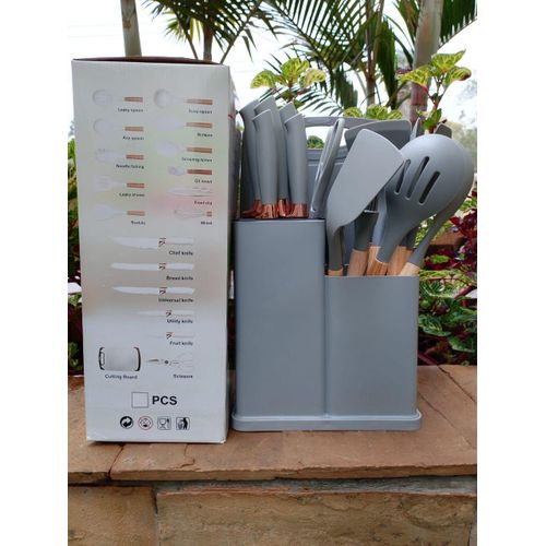 19-Piece Silicone Kitchen Utensil and Knife Set with Storage Holder