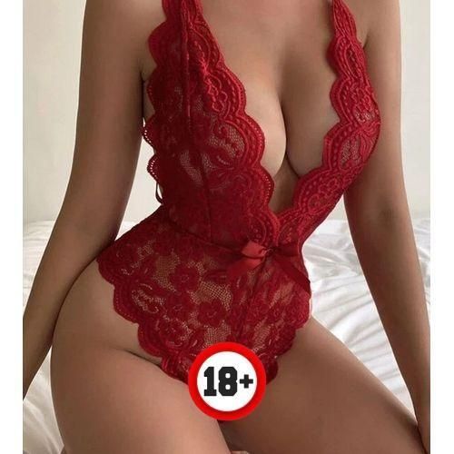 Women V Neck Sexybabydoll Lingerie Lace Backless Lanyard Underwear Red-L