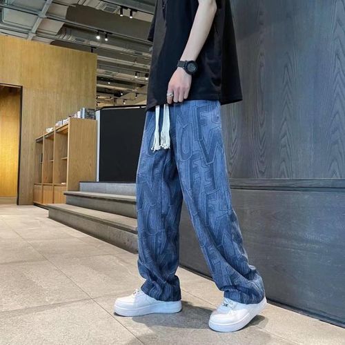 Men Pants Elastic/Waist Adjustable Drawstring Wide Leg/Casual Trousers/Letter Print Corduroy Pants