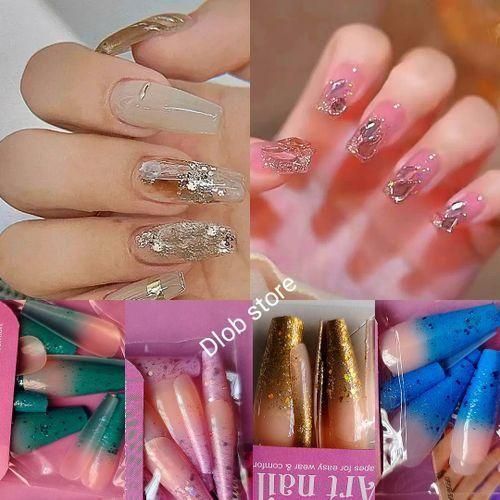 40PCs Sparkle Long False Nails Arts Fake Hands Nails Press On Nails+2Nails Glue