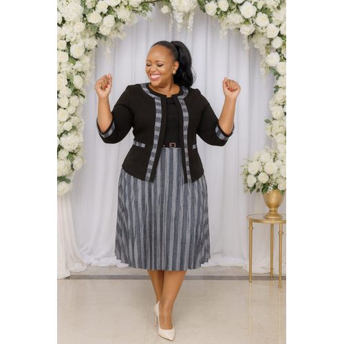 Black Keepi Bosslady Women's Official Solid color Mid Dress + Coat Set